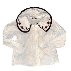 Bryn Connelly Vintage Christmas Blouse: Embroidered Ruffle Collar:80-90’s Petite
